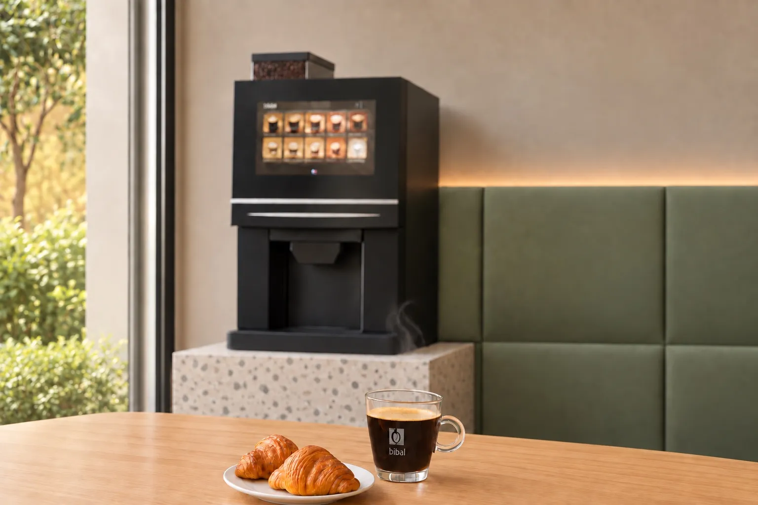 Tasse de café fumante et croissants sur une table de petit-déjeuner, gros plan