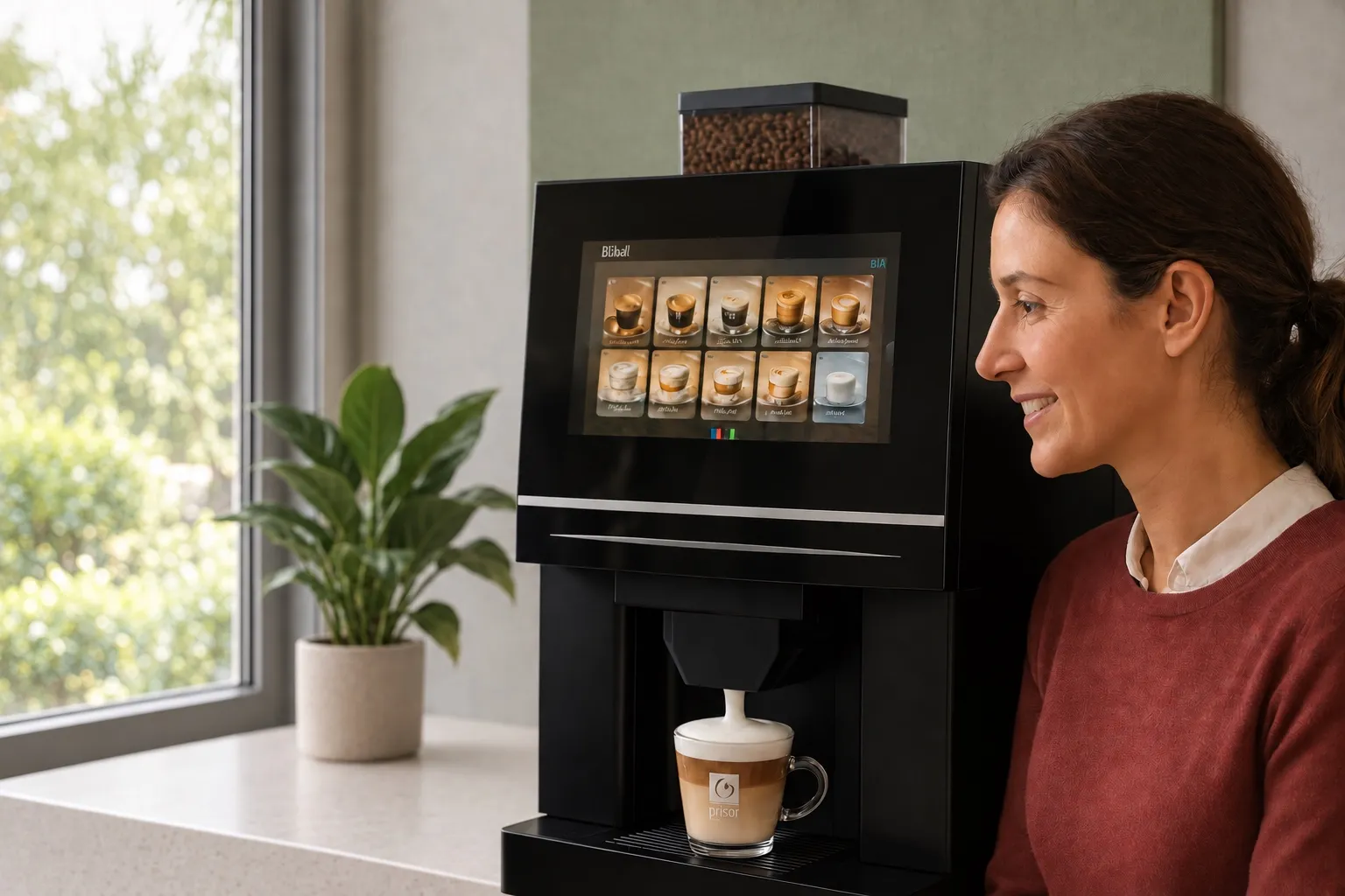 Cappuccino en préparation sur la machine Rodha, gros plan sur la boisson lactée