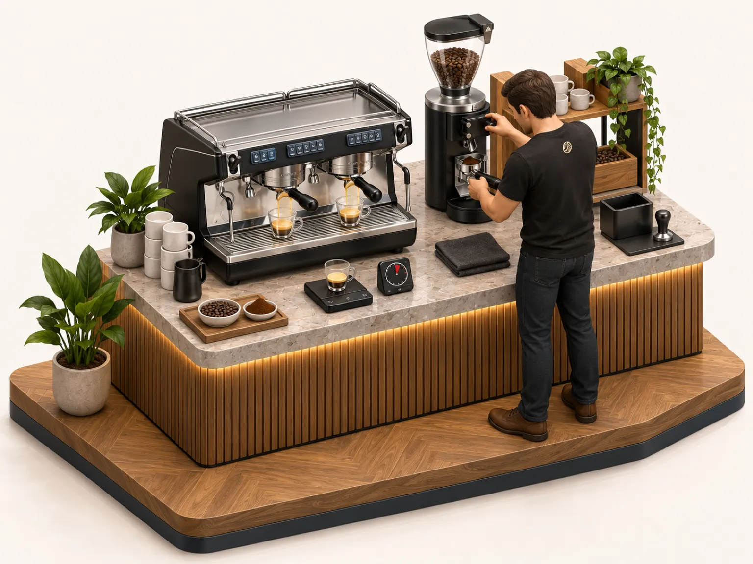Illustration isométrique : un paquet de café fraîchement torréfié laissé au repos près d'un sablier, d'un thermomètre et d'une tasse d'espresso claire