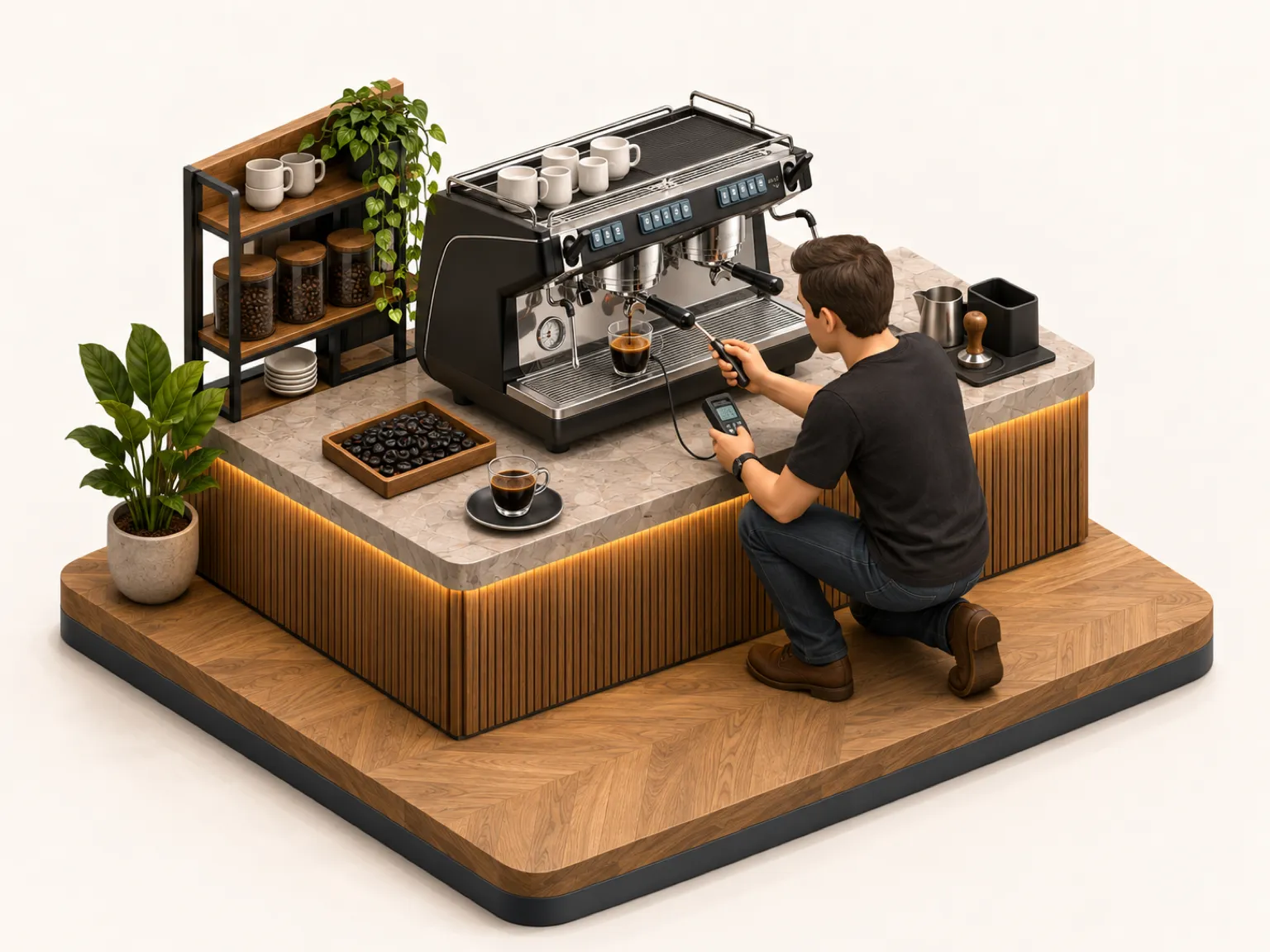 Illustration isométrique : un technicien Bibal règle la bague d'un moulin professionnel, une tasse d'espresso trop sombre posée sur une balance à côté