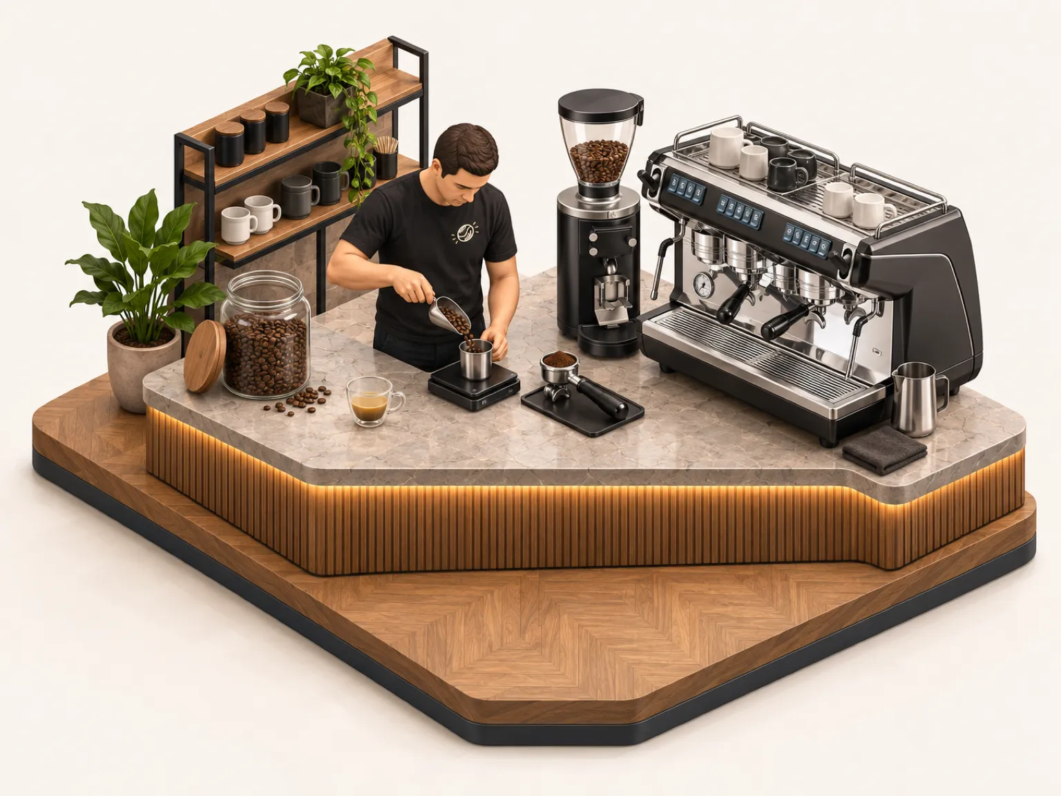Illustration isométrique : un livreur Bibal dépose des paquets de café scellés à côté d'une trémie refermée et d'un filtre à eau neuf