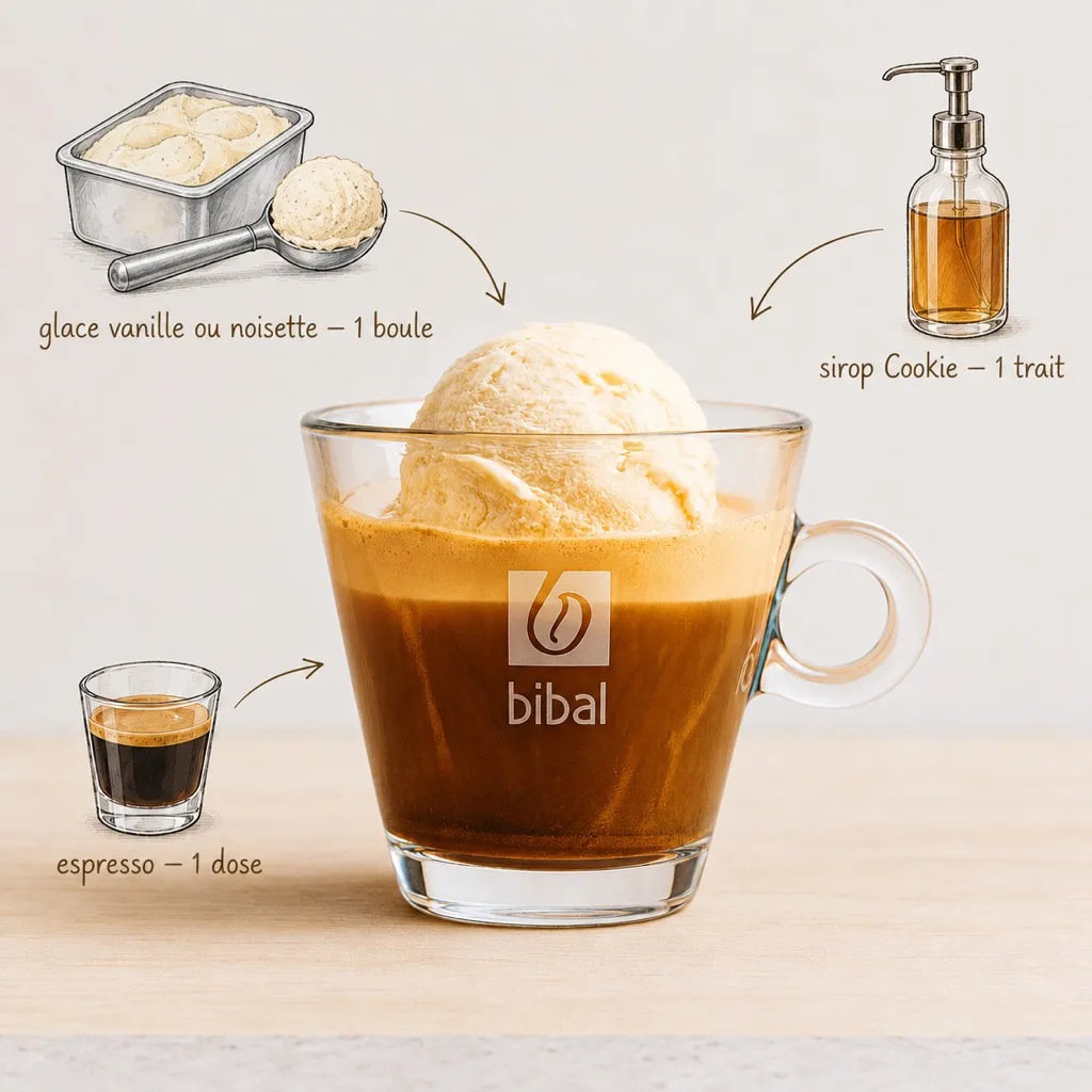 Affogato "Cookie Crunch" (Dessert à boire) — les ingrédients de la recette, illustrés autour du produit fini