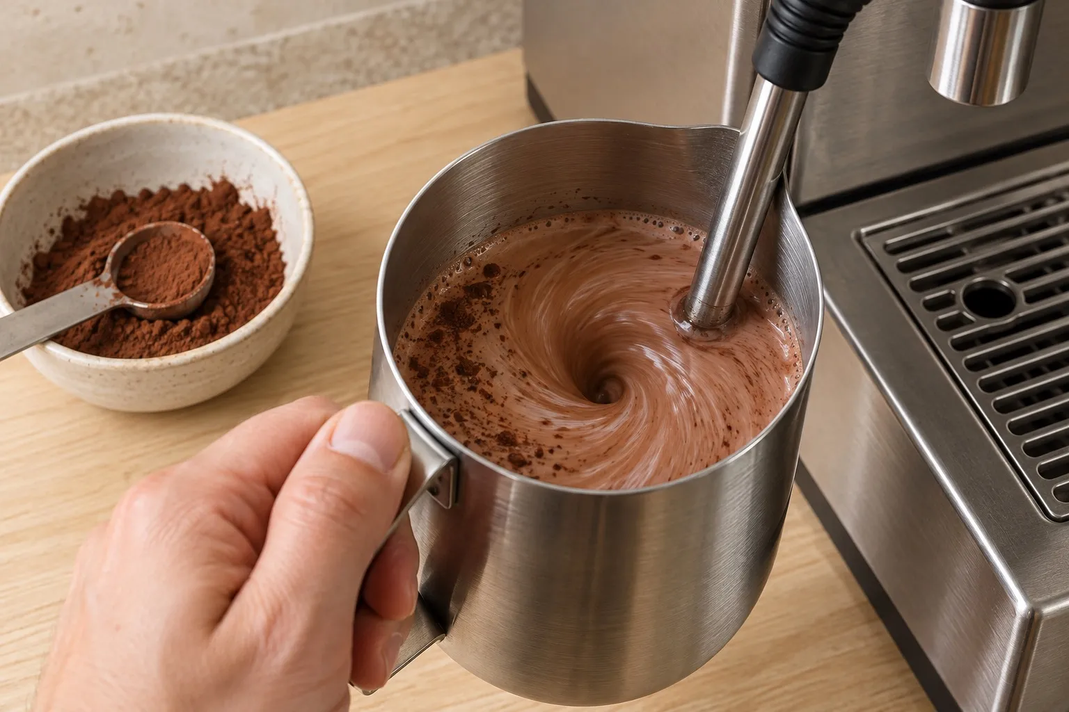 Café Moka — étape 1 : Chauffer 160 ml de lait avec 28 g de chocolat en poudre (buse vapeur ou mousseur)