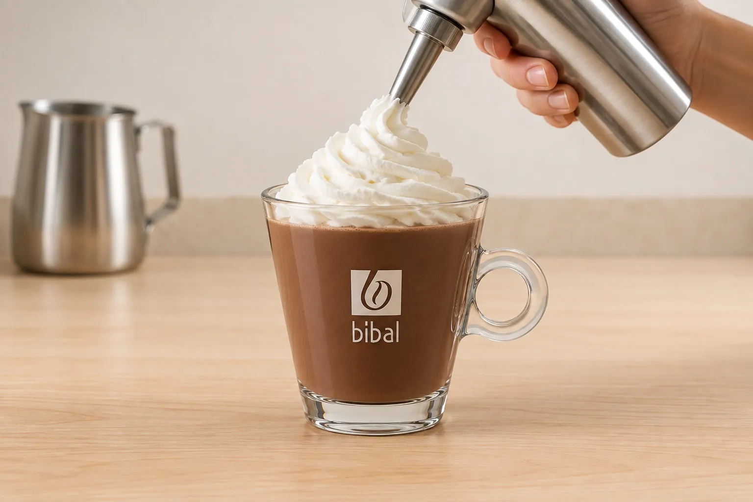 Café Moka — étape 3 : Verser le lait chocolaté dans le verre sur le café, ajouter la chantilly