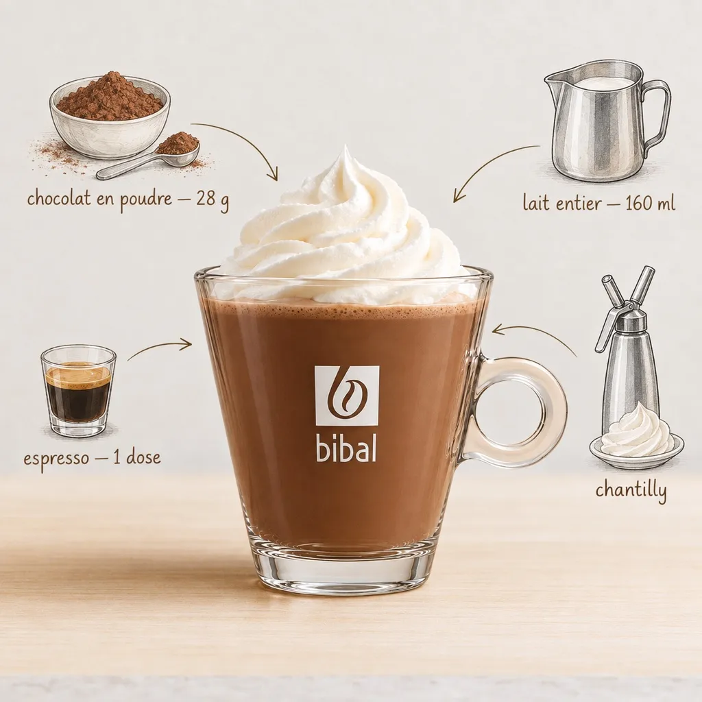 Café Moka — les ingrédients de la recette, illustrés autour du produit fini