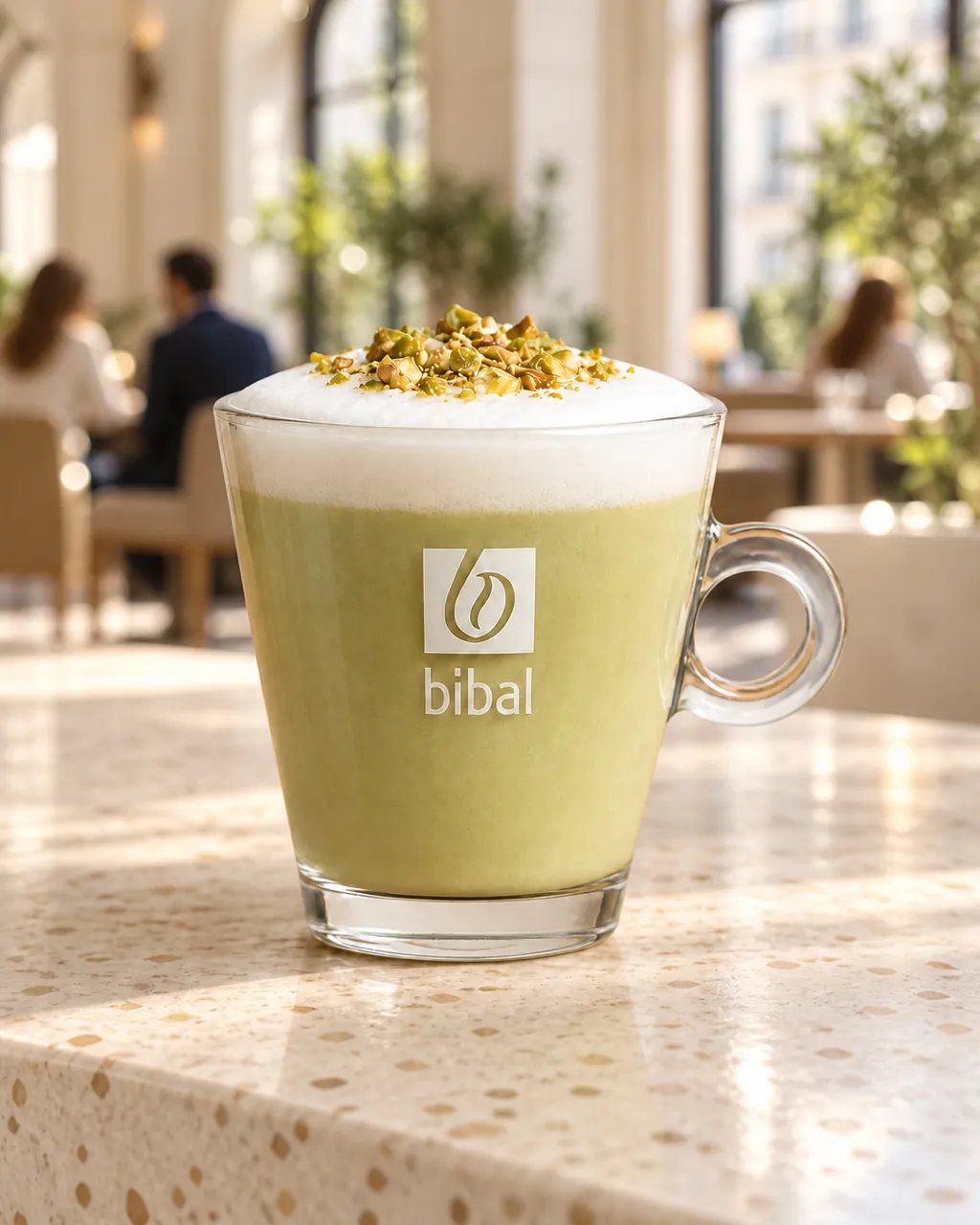 Cappuccino Pistache — la même boisson en gros plan à 45° : la matière, la texture et le service