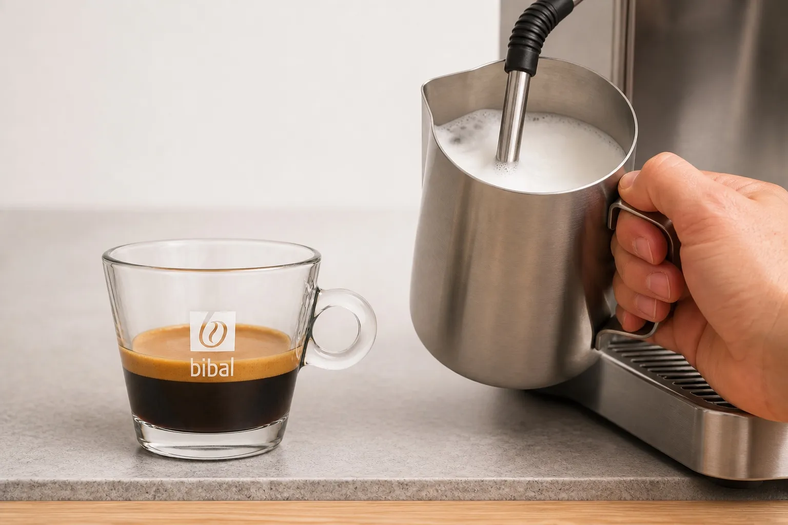 Cappuccino Pistache — étape 2 : Monter 120 ml de lait à la buse vapeur ou au mousseur (1/3-1/3-1/3)