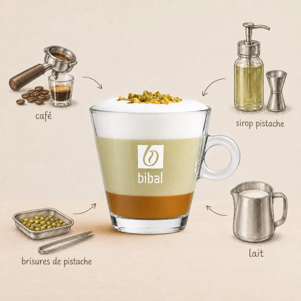 Cappuccino Pistache — les ingrédients de la recette, illustrés autour du produit fini