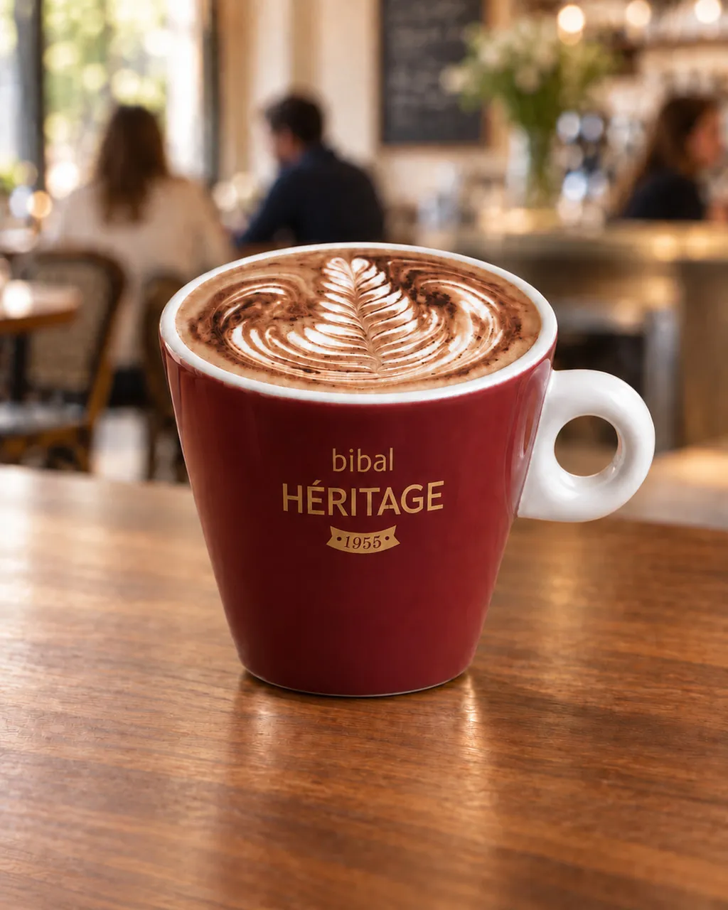 Cappuccino Traditionnel — la même boisson en gros plan à 45° : la matière, la texture et le service
