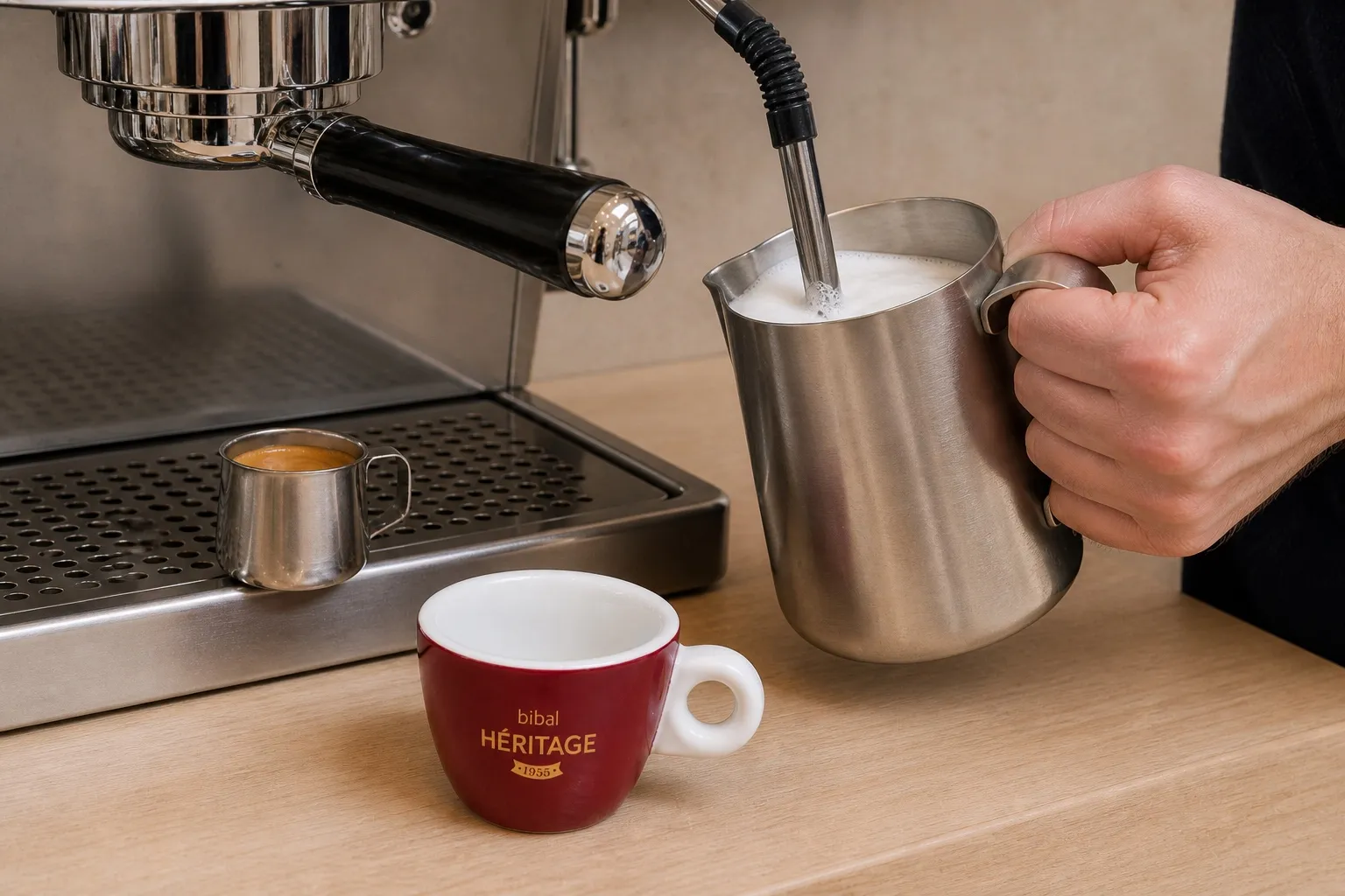 Cappuccino Traditionnel — étape 2 : Monter 120 ml de lait à la buse vapeur ou au mousseur (1/3-1/3-1/3)