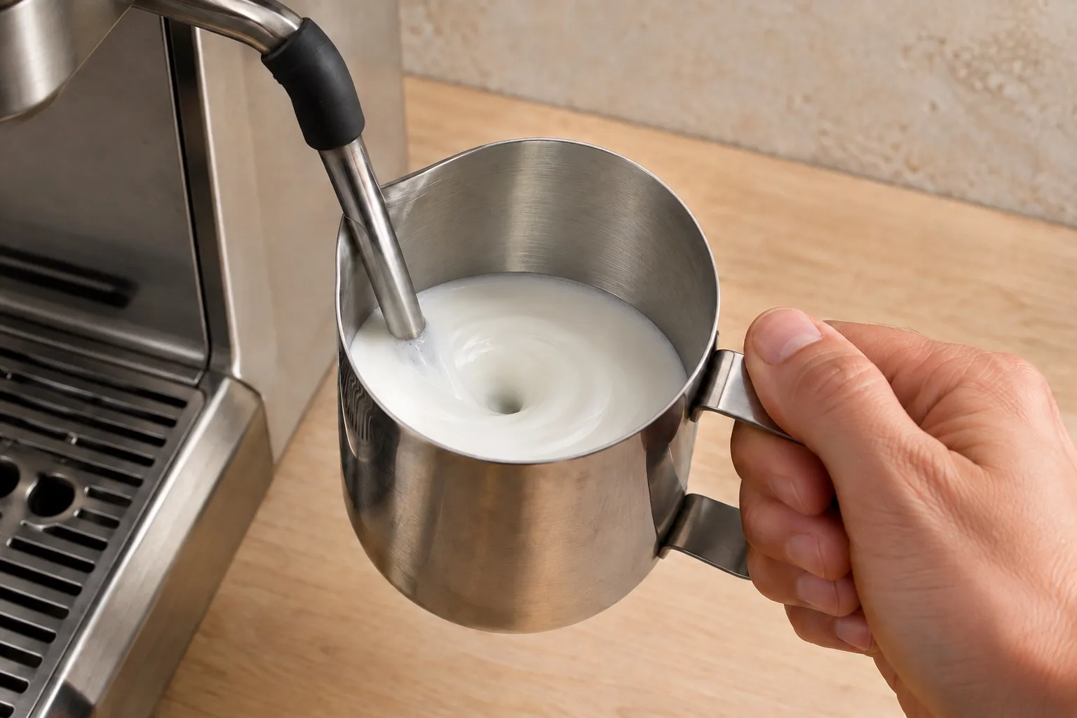Cappuccino Traditionnel — Latte Art — étape 2 : Texturer 120 ml de lait au pichet, à la buse vapeur (mousse soyeuse, 1/3-1/3-1/3)