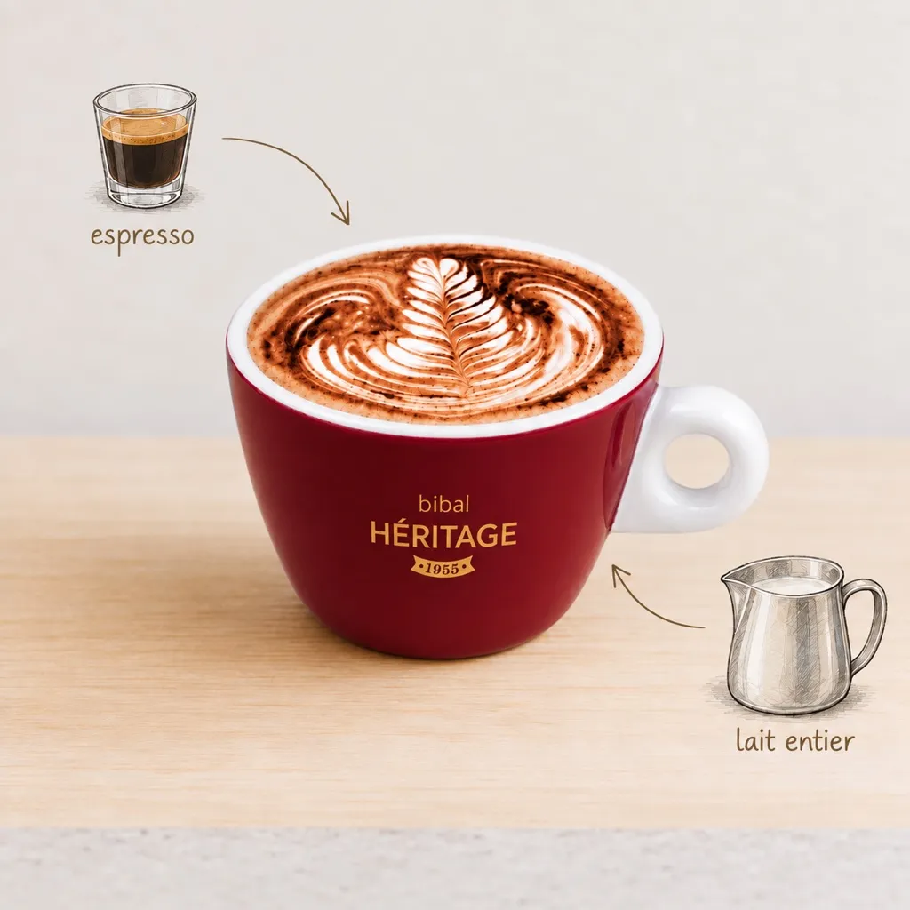 Cappuccino Traditionnel — Latte Art — les ingrédients de la recette, illustrés autour du produit fini