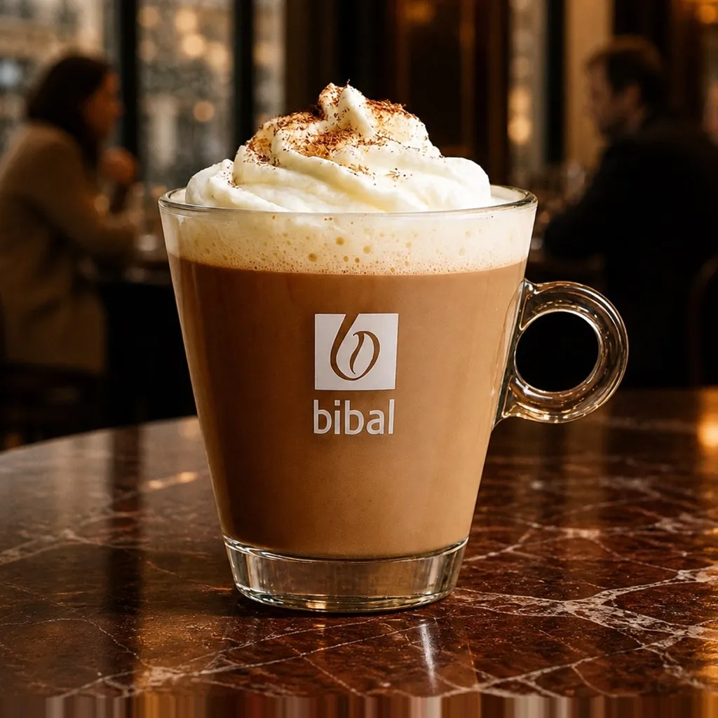 Chocolat Chaud Gourmand — la même boisson en gros plan à 45° : la matière, la texture et le service