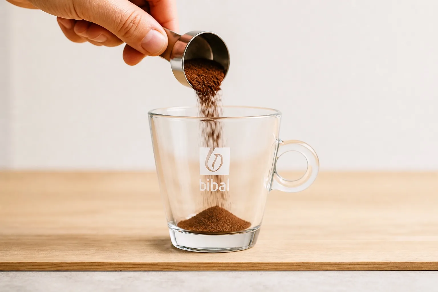 Chocolat Chaud Gourmand — étape 1 : Doser 28 g de chocolat en poudre Bibal dans la tasse