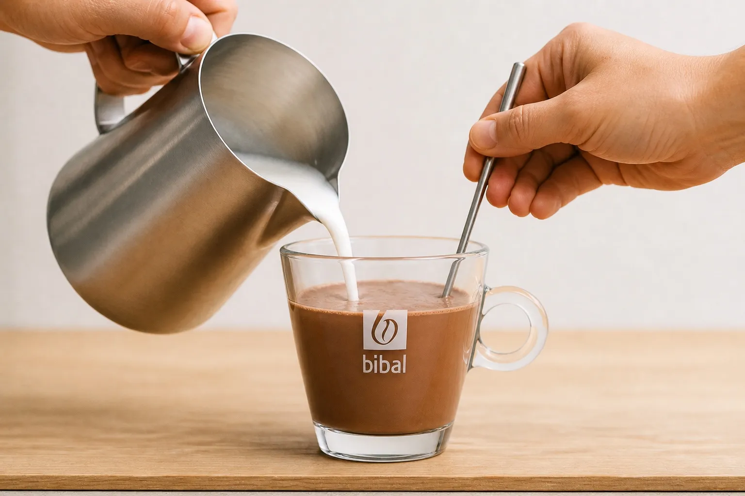 Chocolat Chaud Gourmand — étape 2 : Monter 220 ml de lait à la buse vapeur ou au mousseur et verser en mélangeant