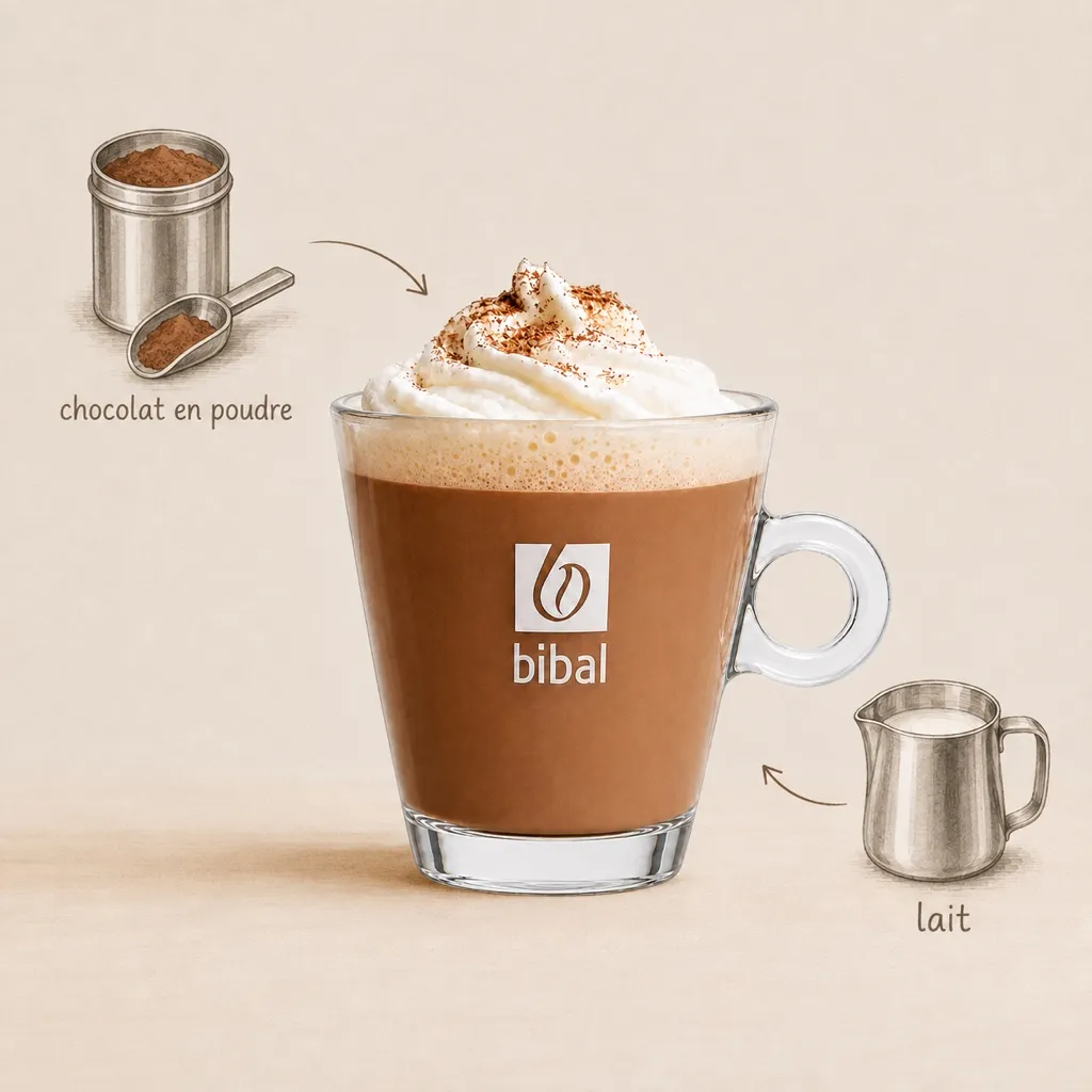 Chocolat Chaud Gourmand — les ingrédients de la recette, illustrés autour du produit fini