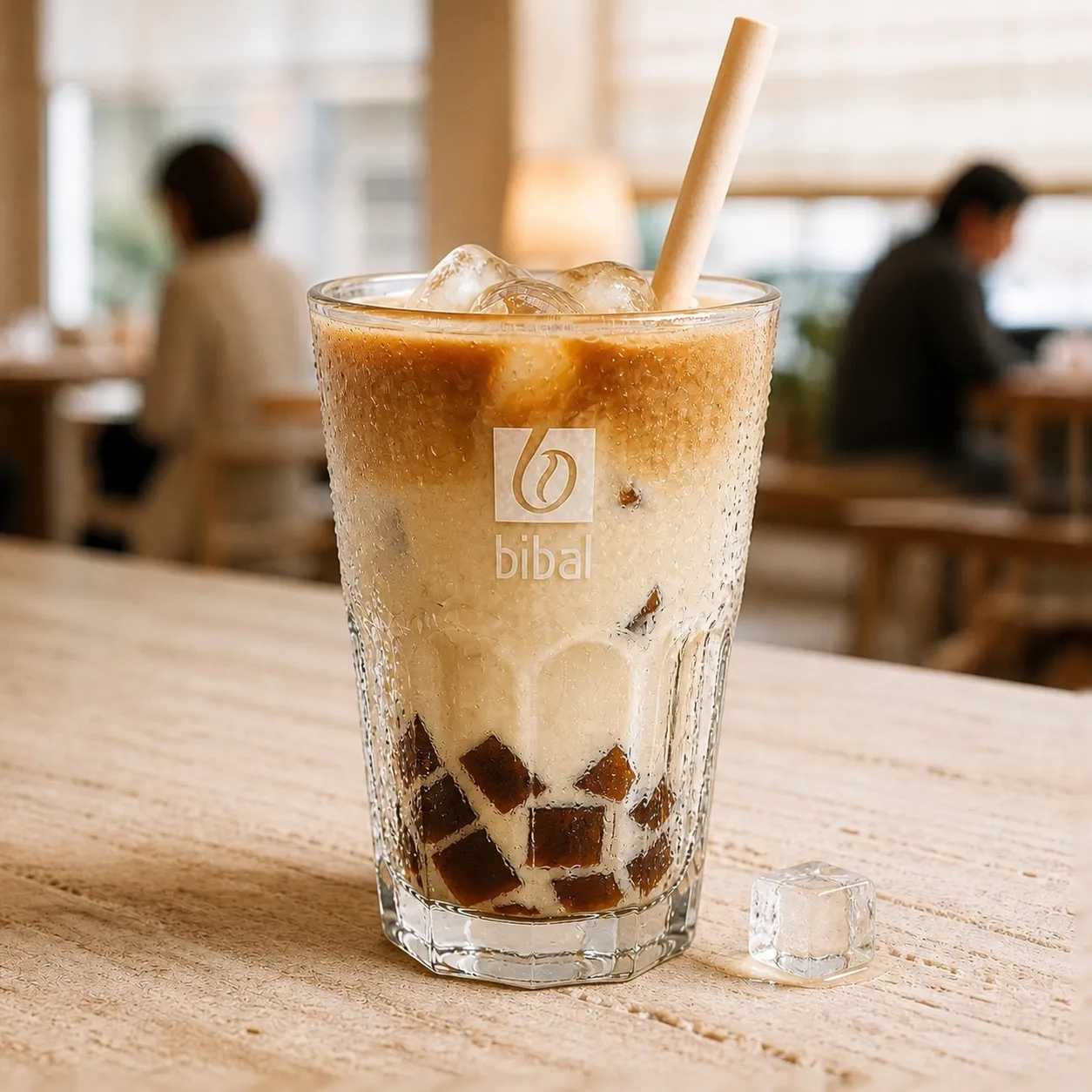 Coffee Jelly Iced Latte (Tendance Mâched) — la même boisson en gros plan à 45° : la matière, la texture et le service