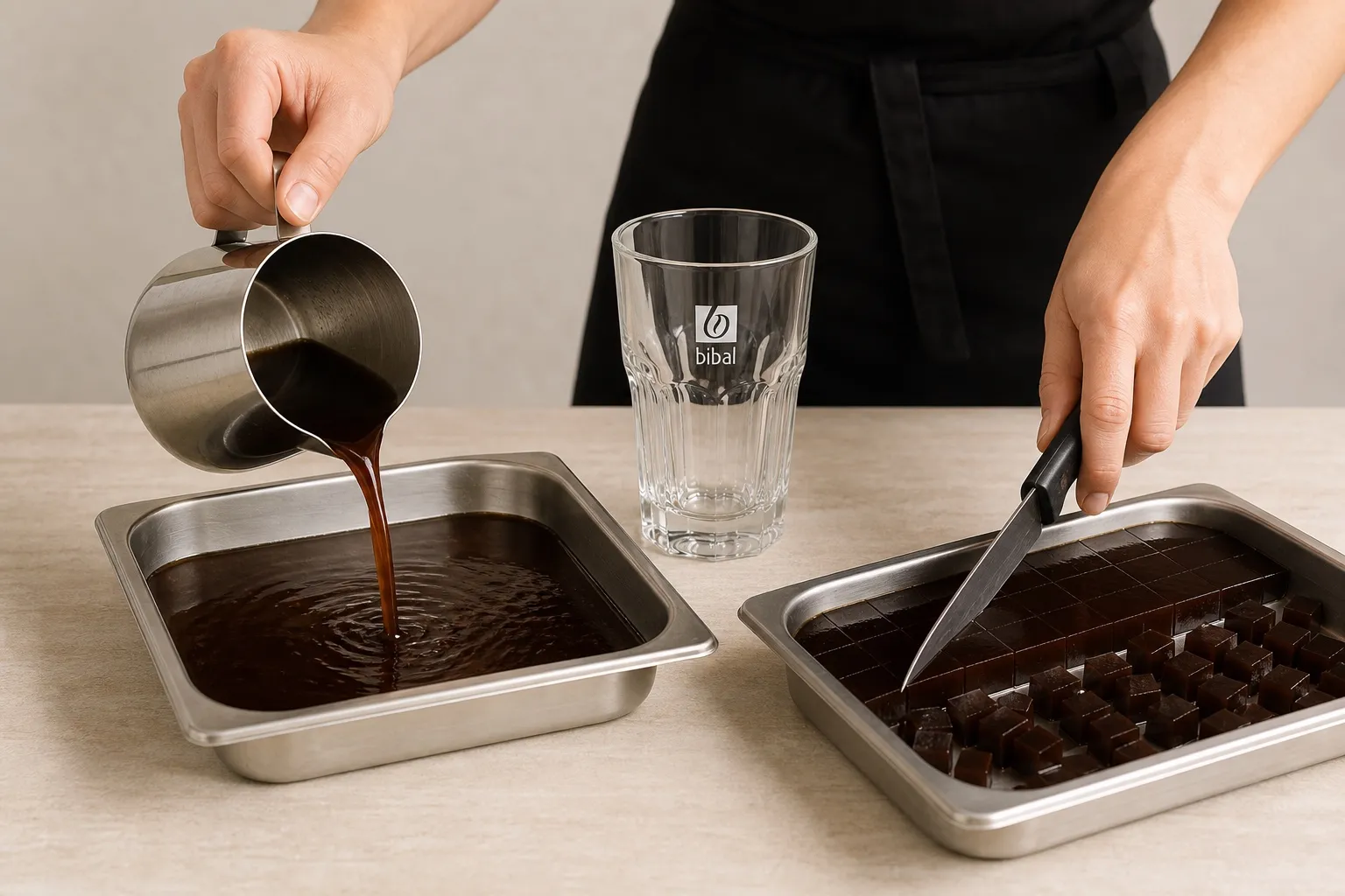 Coffee Jelly Iced Latte (Tendance Mâched) — étape 1 : La veille : gélifier du café filtre (agar-agar), tailler en dés