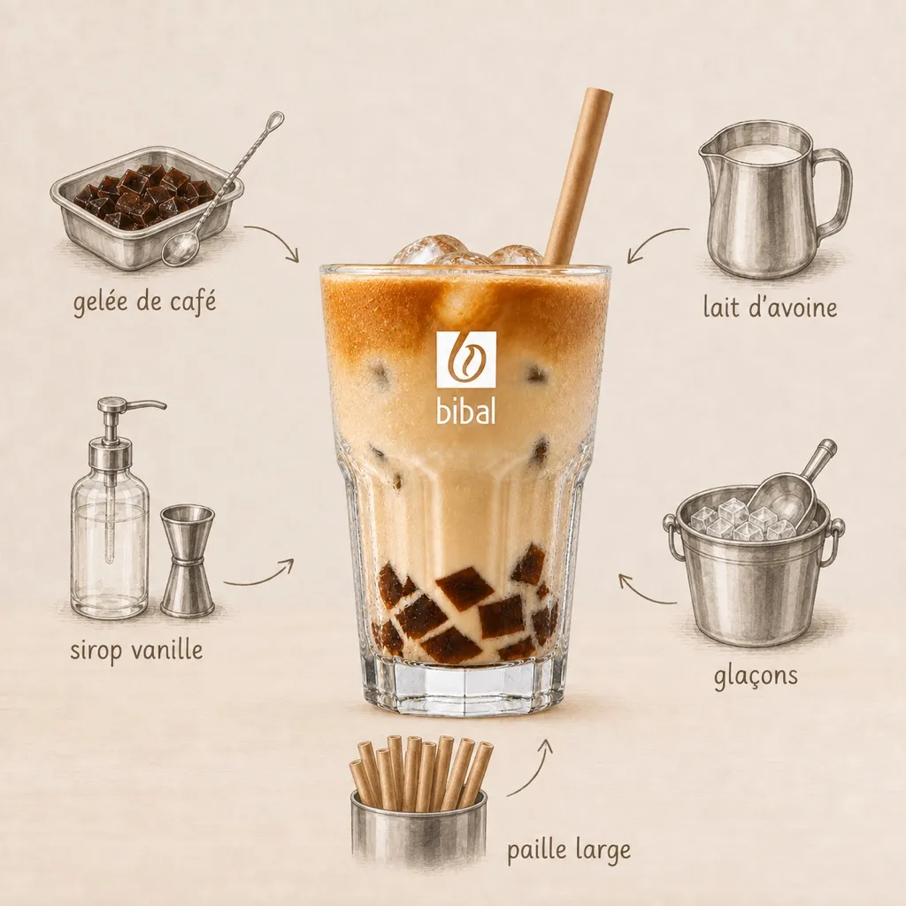 Coffee Jelly Iced Latte (Tendance Mâched) — les ingrédients de la recette, illustrés autour du produit fini