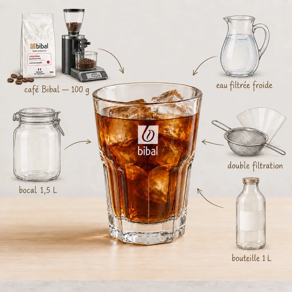 Cold Brew Bibal — Infusion maison (16-18 h) — les ingrédients de la recette, illustrés autour du produit fini