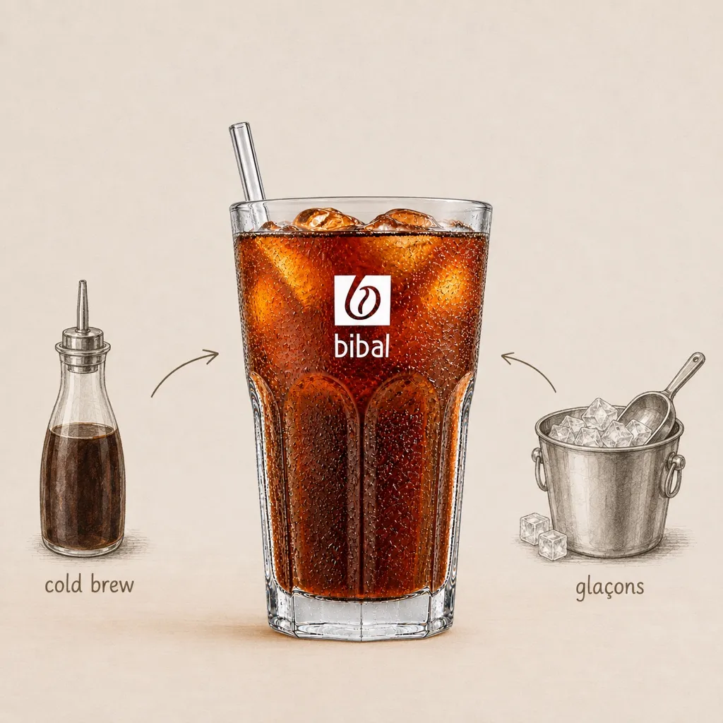 Cold Brew Bibal — Perfect Serve (canette 33 cl) — les ingrédients de la recette, illustrés autour du produit fini