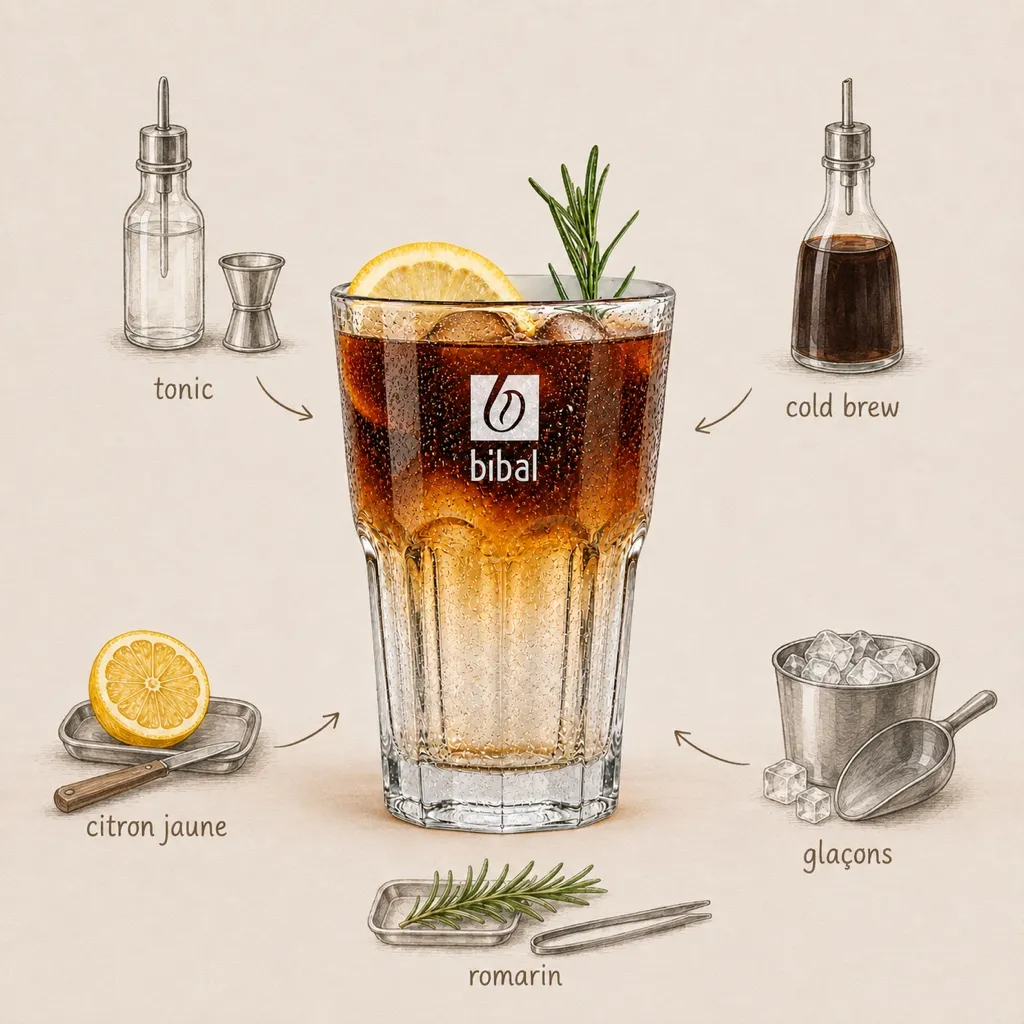 Cold Brew Tonic Botanique — les ingrédients de la recette, illustrés autour du produit fini