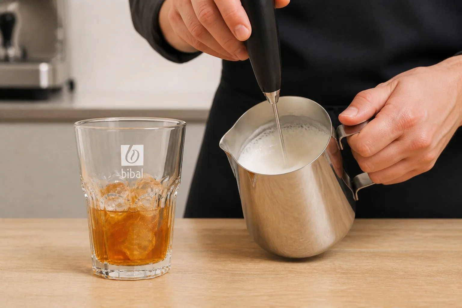 Cold Foam Miel & Lavande — Signature "Made in Sud" — étape 2 : Émulsionner 8 cl de lait d'avoine BIO Yofi + 1 pompe de sirop au siphon ou mousseur froid