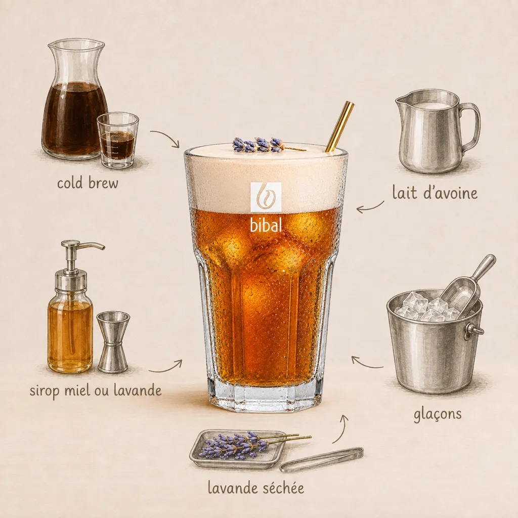 Cold Foam Miel & Lavande — Signature "Made in Sud" — les ingrédients de la recette, illustrés autour du produit fini