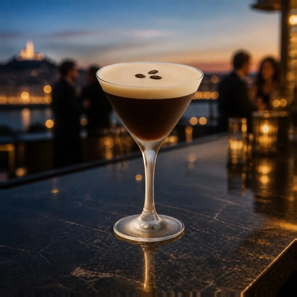 Espresso Martini — la même boisson en gros plan à 45° : la matière, la texture et le service