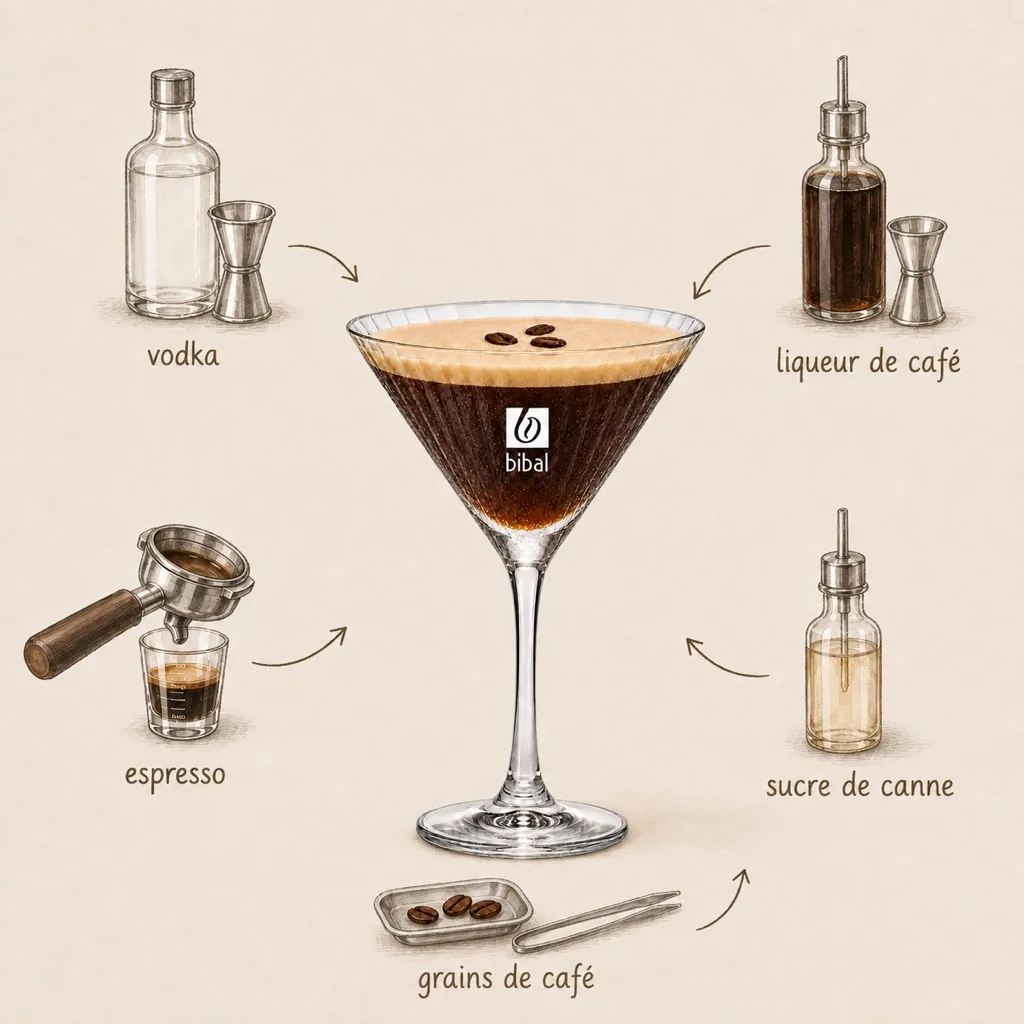 Espresso Martini — les ingrédients de la recette, illustrés autour du produit fini