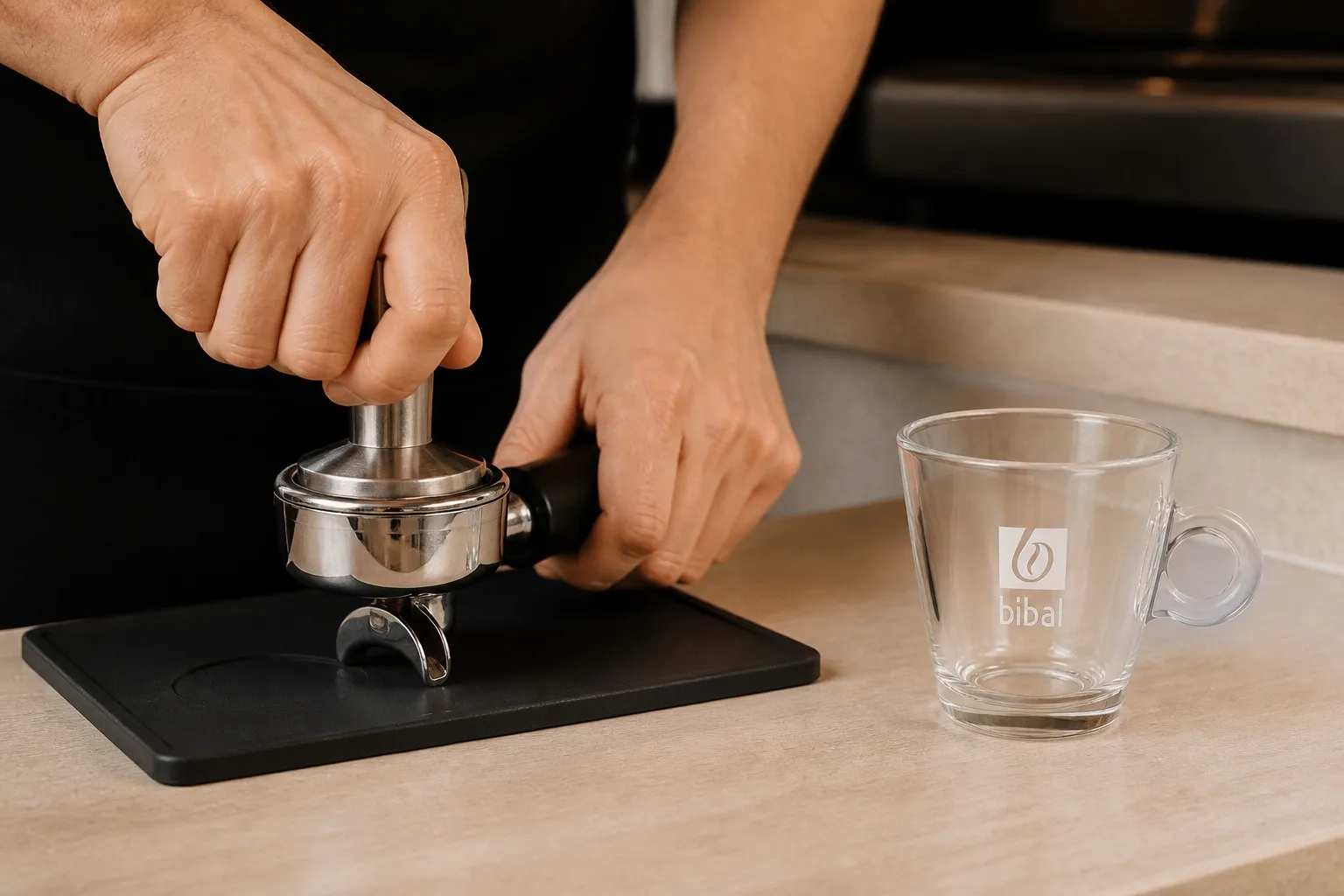 Expresso / Ristretto — étape 1 : Moudre et tasser 1 dose de café Bibal (8-9 g)