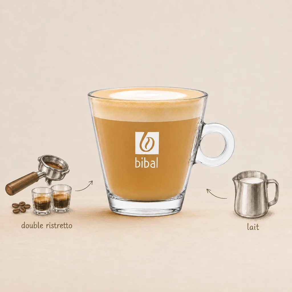 Flat White Barista — les ingrédients de la recette, illustrés autour du produit fini