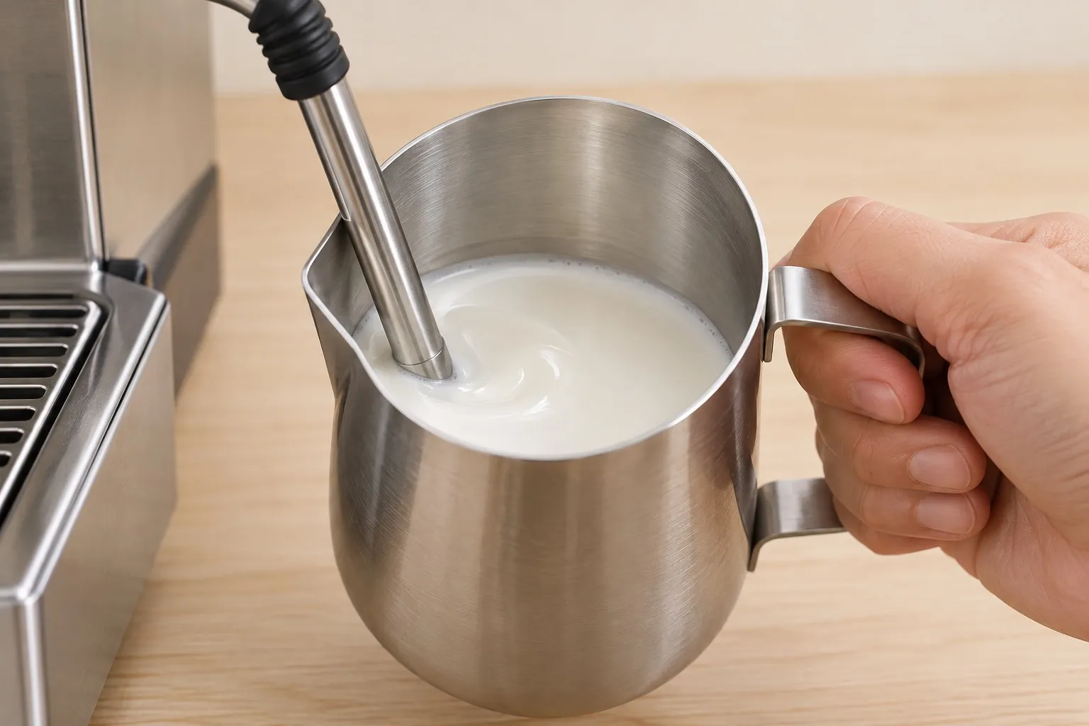 Flat White Barista — Latte Art — étape 2 : Texturer 120 ml de lait au pichet, à la buse vapeur : micro-mousse < 0,5 cm