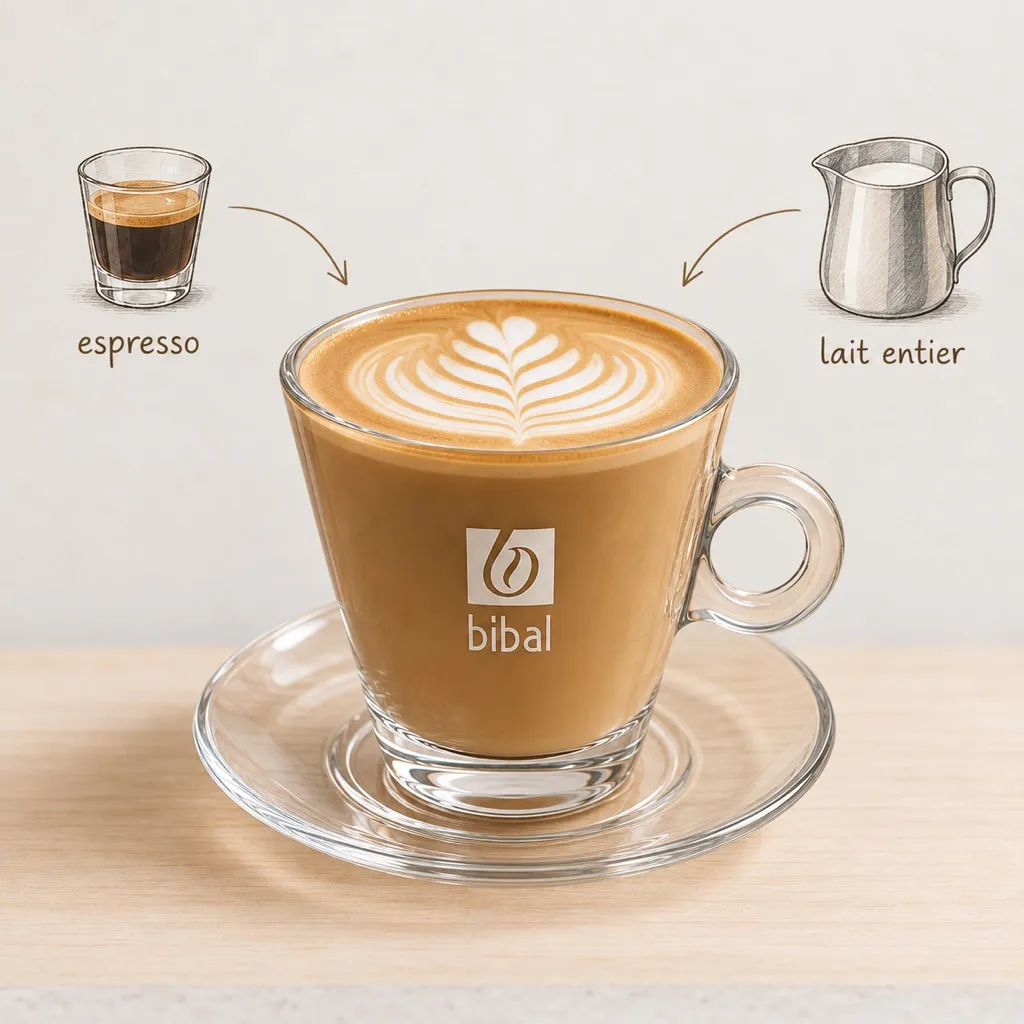 Flat White Barista — Latte Art — les ingrédients de la recette, illustrés autour du produit fini