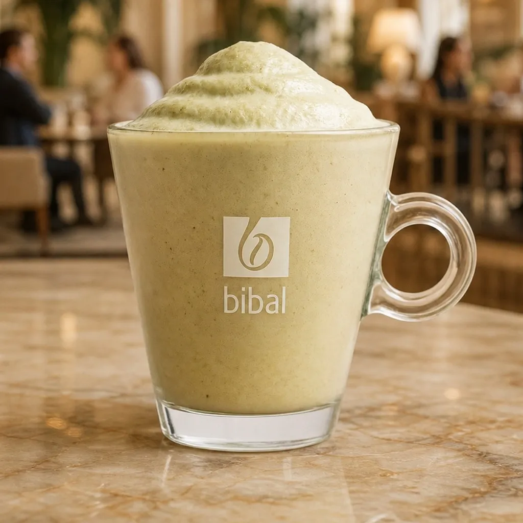 Frappé Barista Dubaï (Pistache & Café) — la même boisson en gros plan à 45° : la matière, la texture et le service