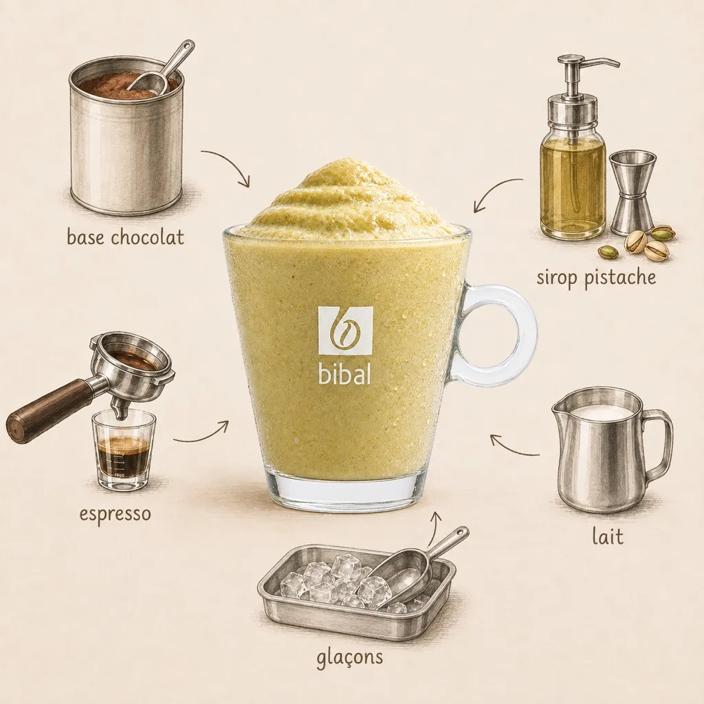 Frappé Barista Dubaï (Pistache & Café) — les ingrédients de la recette, illustrés autour du produit fini