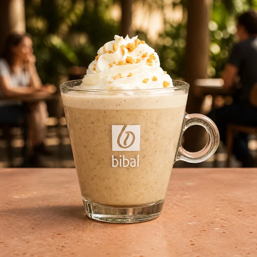 Frappé Barista Estival (Noisette Grillée) — la même boisson en gros plan à 45° : la matière, la texture et le service