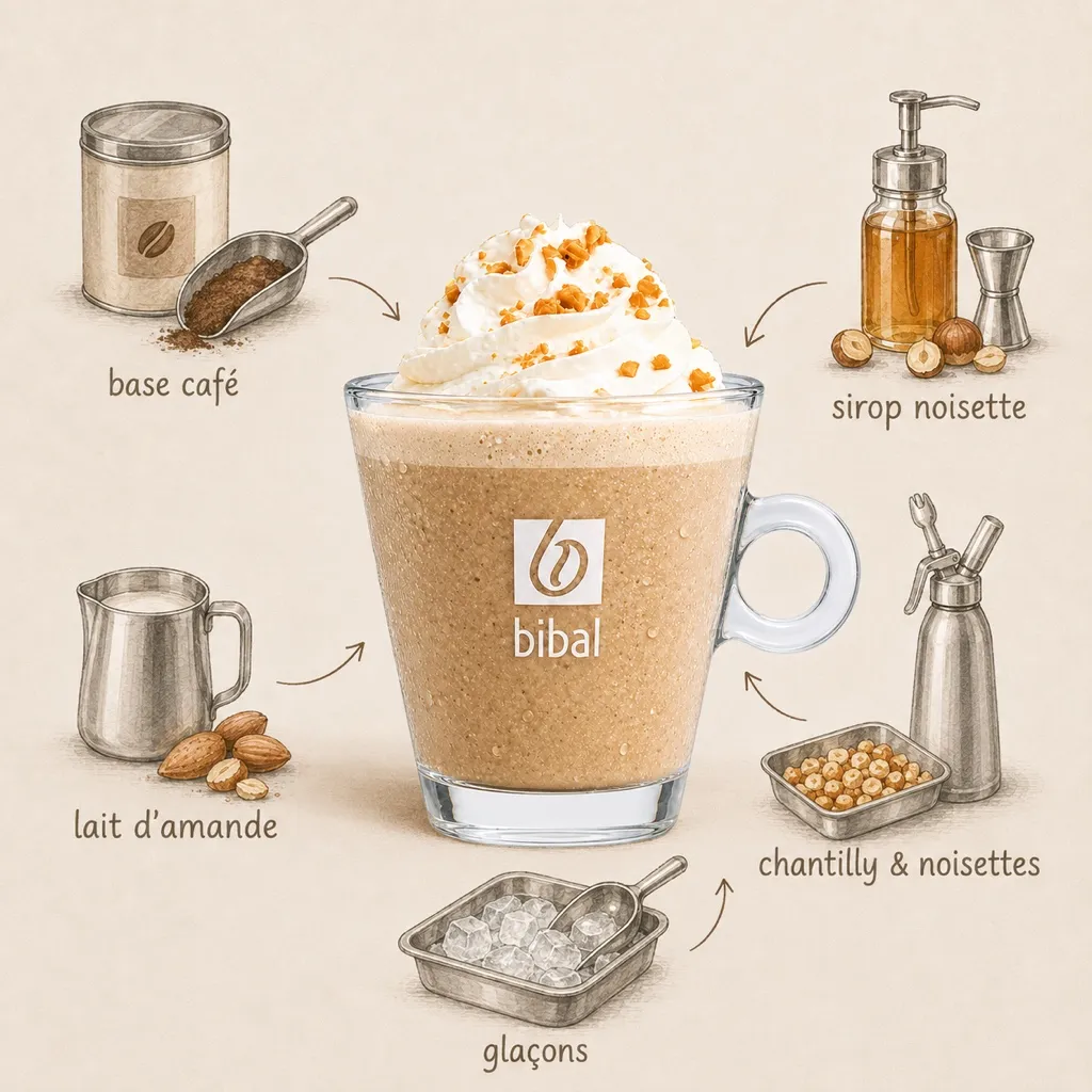 Frappé Barista Estival (Noisette Grillée) — les ingrédients de la recette, illustrés autour du produit fini