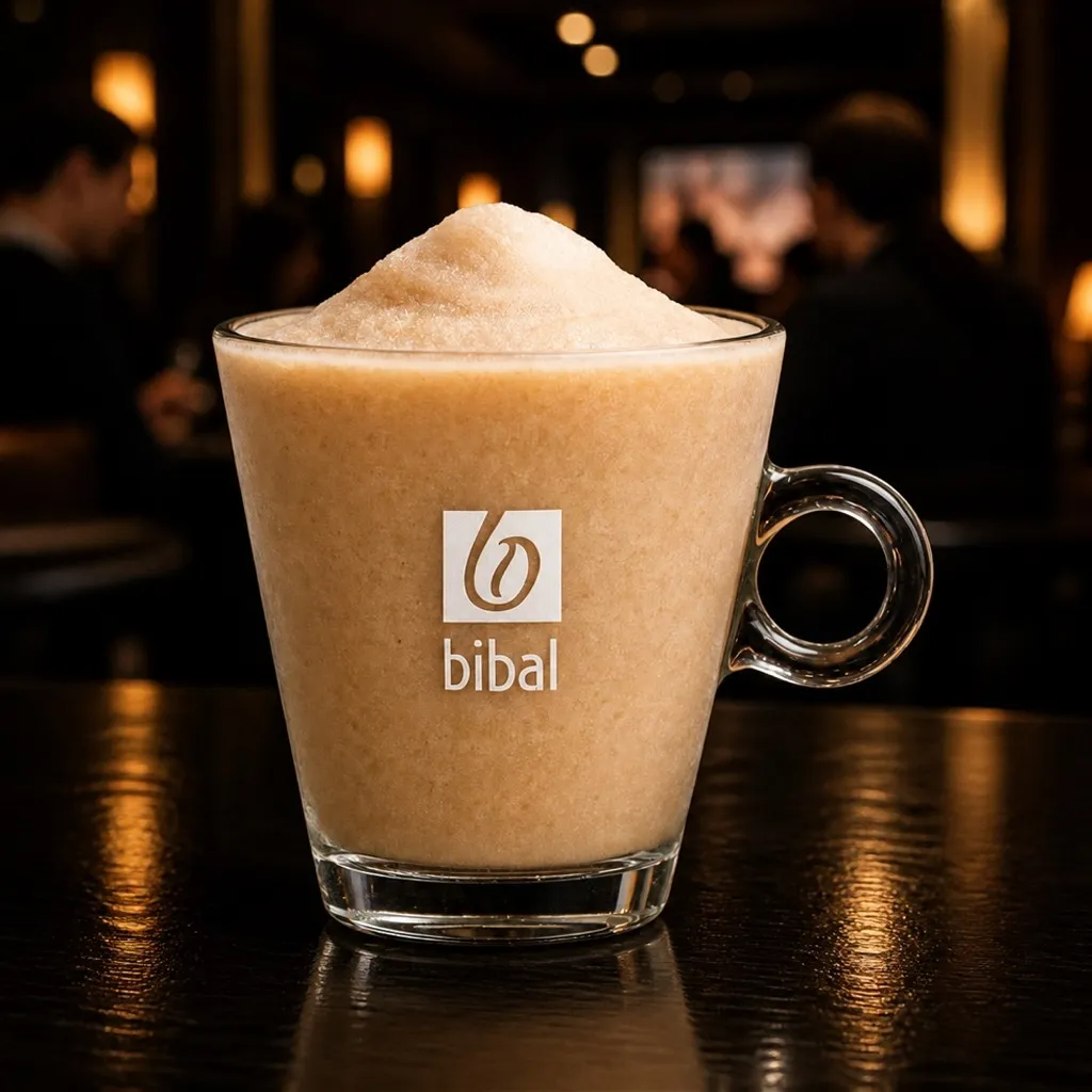 Froz'n Coffee Signature — la même boisson en gros plan à 45° : la matière, la texture et le service