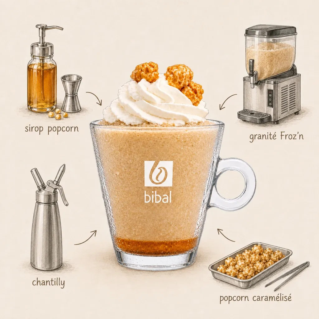 Froz'n Popcorn Granité Gourmet — les ingrédients de la recette, illustrés autour du produit fini