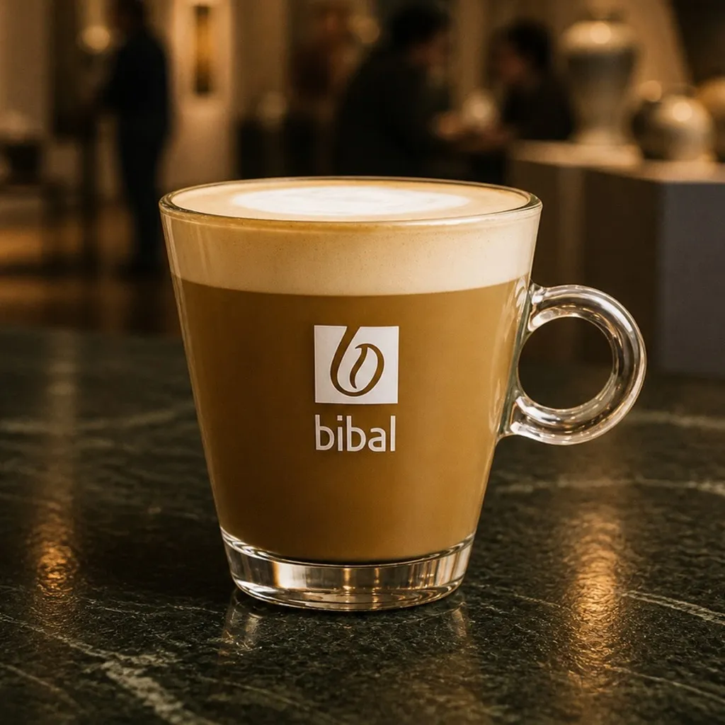 Hojicha Latte "Thé Torréfié" — la même boisson en gros plan à 45° : la matière, la texture et le service