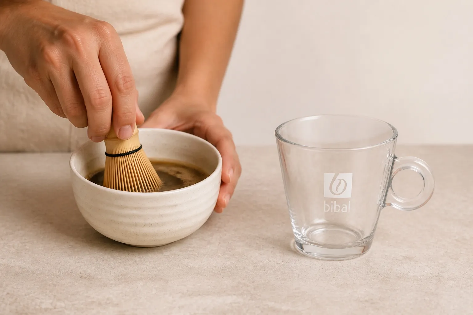Hojicha Latte "Thé Torréfié" — étape 1 : Fouetter 3 g de poudre Hojicha dans 4 cl d'eau chaude