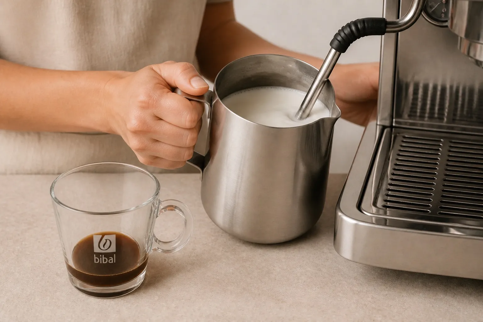 Hojicha Latte "Thé Torréfié" — étape 2 : Monter 220 ml de lait à la buse vapeur ou au mousseur