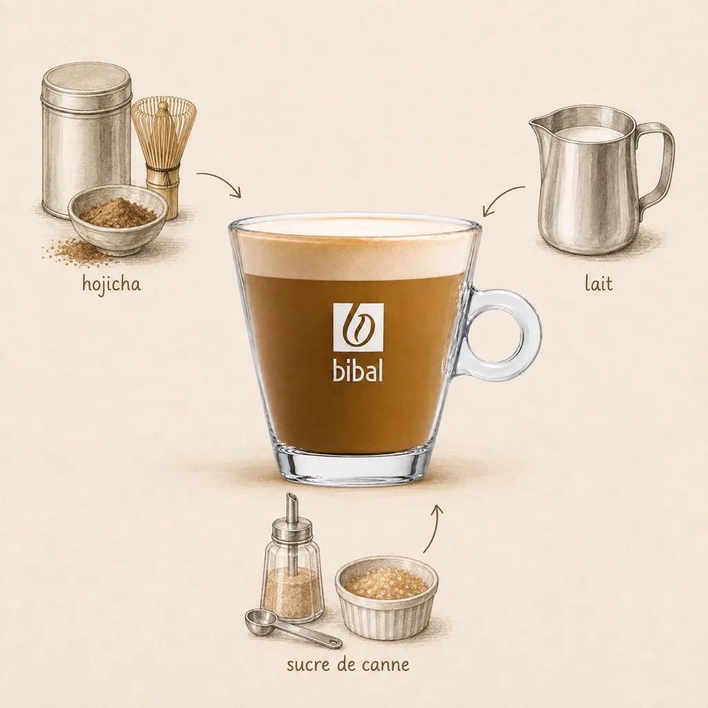 Hojicha Latte "Thé Torréfié" — les ingrédients de la recette, illustrés autour du produit fini