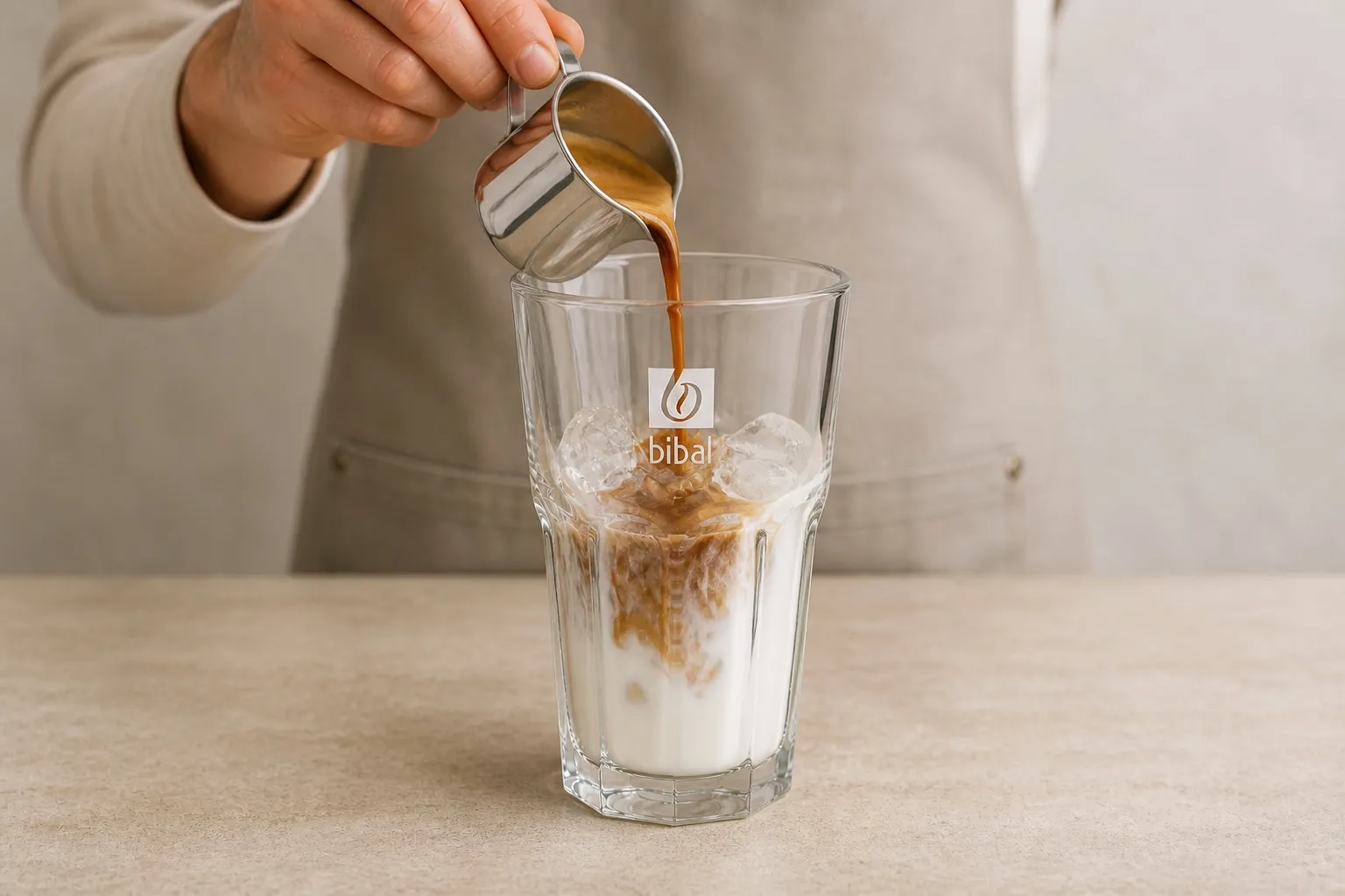 Iced Café Moka — étape 2 : Verser sur glaçons + 180 ml de lait froid