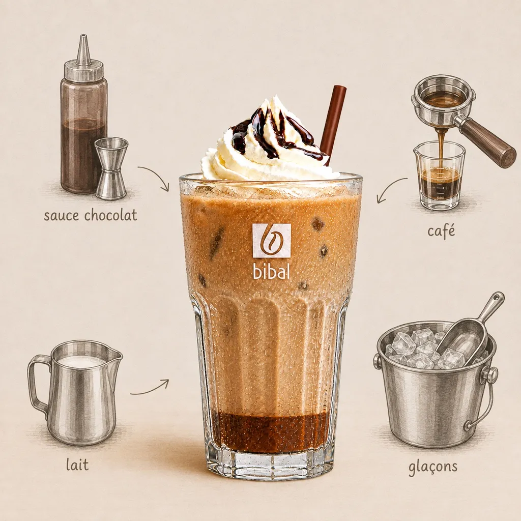 Iced Café Moka — les ingrédients de la recette, illustrés autour du produit fini