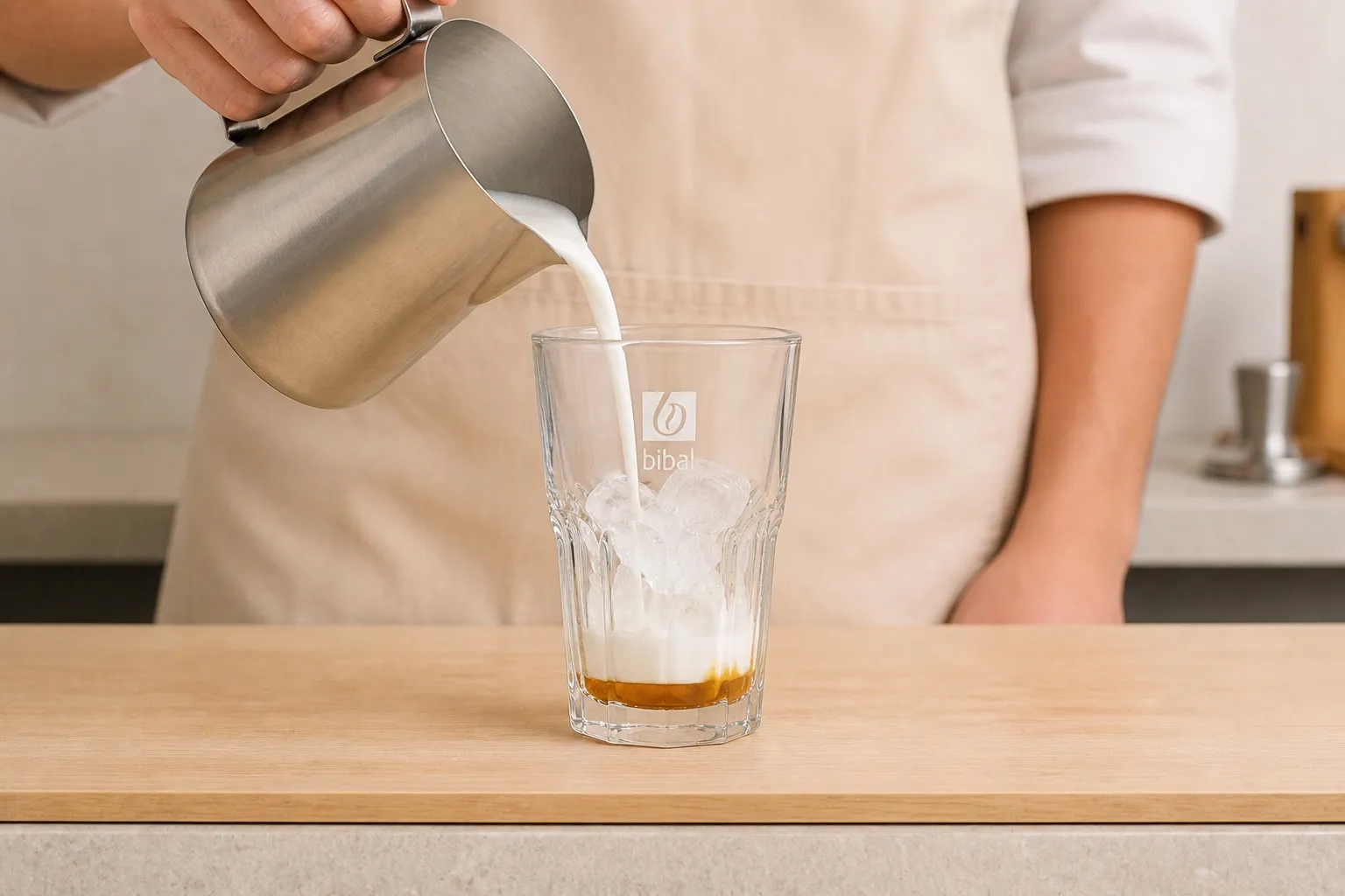Iced Caramel Macchiato — étape 1 : Glaçons + 1 pompe de sirop Caramel + 250 ml de lait