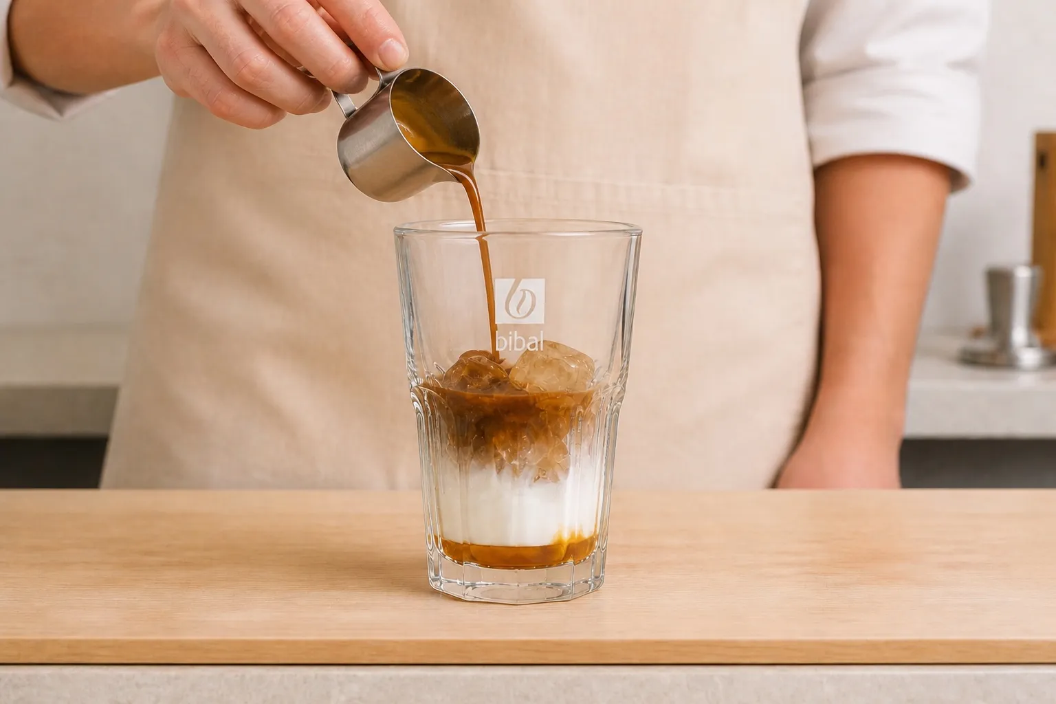 Iced Caramel Macchiato — étape 2 : Verser 1 dose (8-9 g) EN DERNIER (couches distinctes)