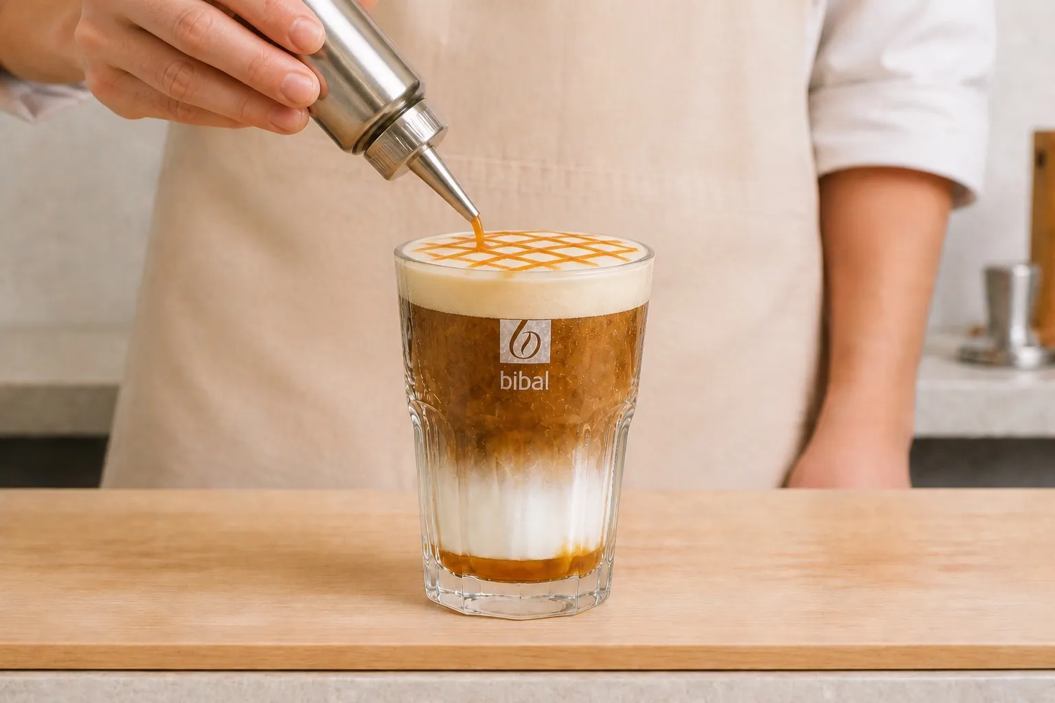 Iced Caramel Macchiato — étape 3 : Déposer la cold foam, puis les croisillons de topping caramel