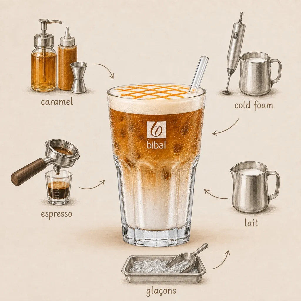 Iced Caramel Macchiato — les ingrédients de la recette, illustrés autour du produit fini